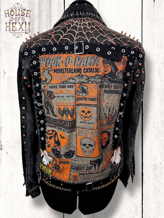 House of Hexy Hand Painted Horror Denim Jacket: Goth Rockabilly