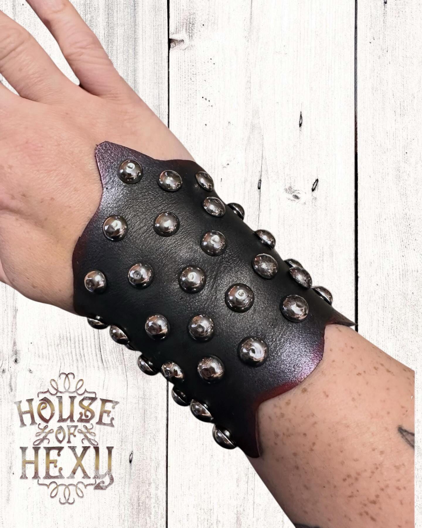Handcrafted Cowhide Distressed Studded Leather Wrist Cuff: Black