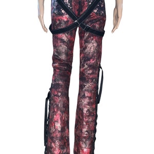 00s Oriental Goth Custom Hand painted Red metallic Jeans Hand crafted Chunky Corset Lacing Denim Jeans Pants Glam Rock Grunge image 5