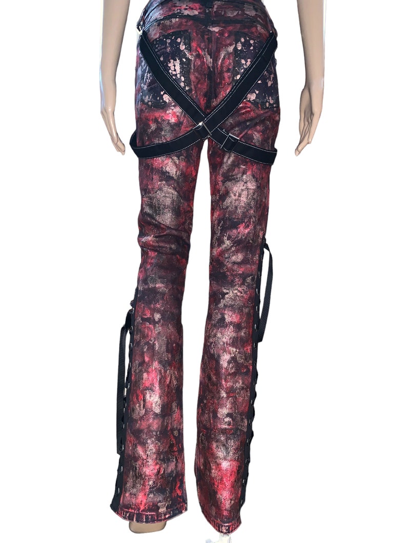 00s Oriental Goth Custom Hand painted Red metallic Jeans Hand crafted Chunky Corset Lacing Denim Jeans Pants Glam Rock Grunge image 5