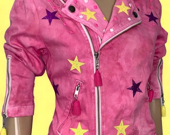 Bubblegum Pop Pink Tie Dye Glitter Stars Studded Motorcycle Festival Denim Jacket