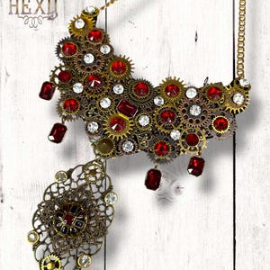 House Of Hexy Victorian Vampire Ornate Bib Necklace, Ruby Crystals, Antique Brass & Bronze