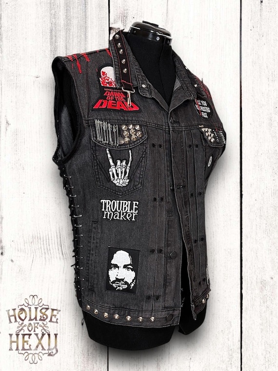 ジャケット・アウター dark wear skull denim vest Y2K archive Upcycled Denim Battle Vest: Studded Punk Goth Horror Jacket, XL