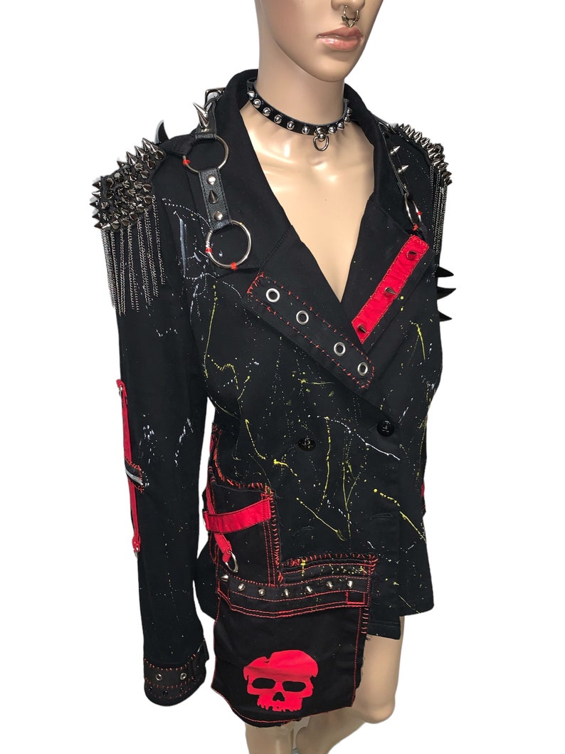 Wasteland Gothic Punk Rocker Reworked Studded Spiked Leather Harness Black Blazer Jacket image 4