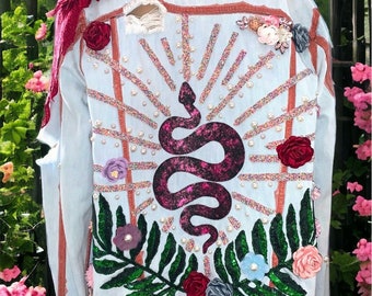 One Of A Kind Forbidden Garden Hand Painted Custom Floral Patchwork sequin Embellished Artisan Denim Jacket
