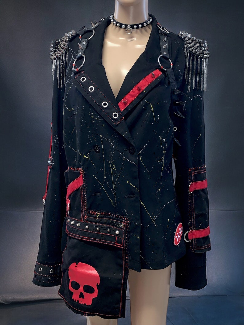 Wasteland Gothic Punk Rocker Reworked Studded Spiked Leather Harness Black Blazer Jacket image 2
