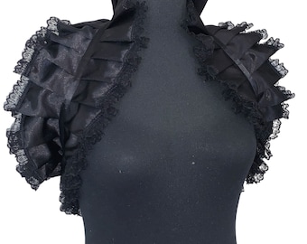 Deadly Noir Lace Shiny Black Taffeta pleated bolero wrap Caplet shawl Extra Long Fit