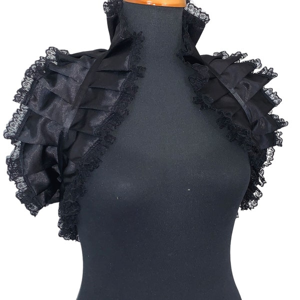Deadly Noir Lace Shiny Black Taffeta pleated bolero wrap Caplet shawl Extra Long Fit