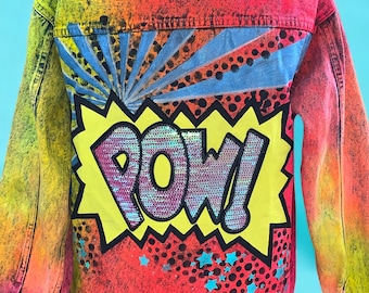 One Of A Kind Hand Painted Walking PopArt Canvas Rainbow Reworked Vintage Acid Wash Denim Jacket Festival Street Wear