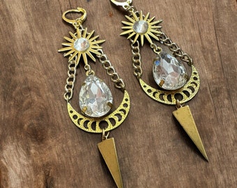 Handcrafted Celestial Sun Moon Goddess Rhinestones Statement earrings