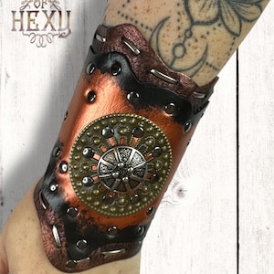 House Of Hexy Handgefertigte Barbarische Kriegersgöttin Metallic Kupfer Schwarz Rindsleder Leder Rustikale Antik Messing Nieten Armstulpe Manschette