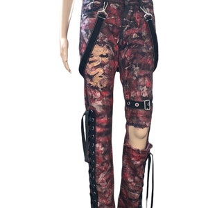 00s Oriental Goth Custom Hand painted Red metallic Jeans Hand crafted Chunky Corset Lacing Denim Jeans Pants Glam Rock Grunge image 2