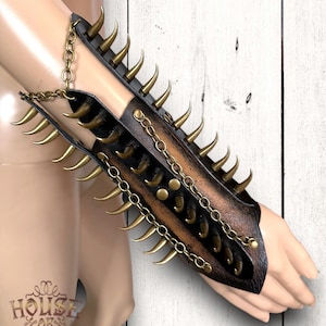 House Of Hexy Soul Reaper Battle Warrior Amour Brown Cowhide Leather Harness Brass Studded Horned spikes Handcrafted Armband Cuff Bracer