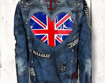 Distressed Punk Denim Jacket: Studded Patchwork Chain