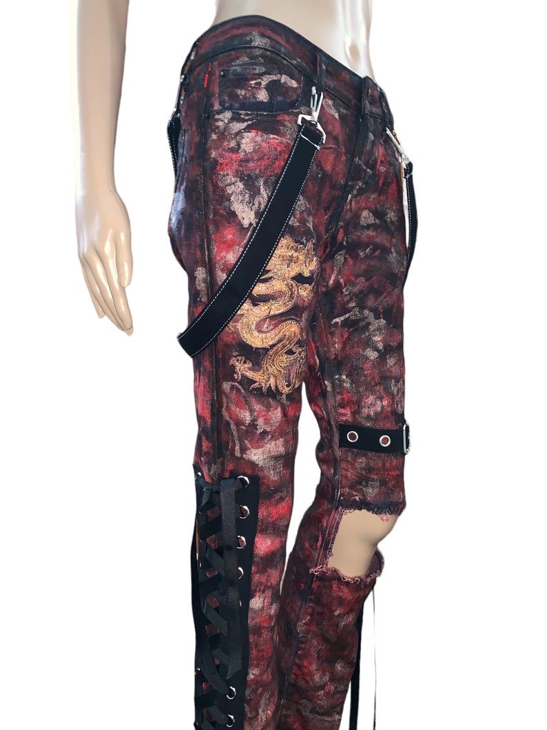 00s Oriental Goth Custom Hand painted Red metallic Jeans Hand crafted Chunky Corset Lacing Denim Jeans Pants Glam Rock Grunge image 7