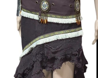 Bohemian Tribal Fusion Distressed Brown Linen Hand Beaded Wrap Skirt Stage Festival Dance Wear