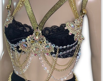 Ethereal Bejeweled Rhinestones Black Gold Lace Cage Bralette Costume