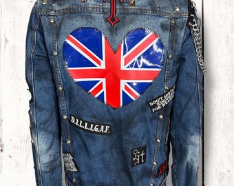 Distressed Punk Denim Jacket: Studded Patchwork Chain Harness