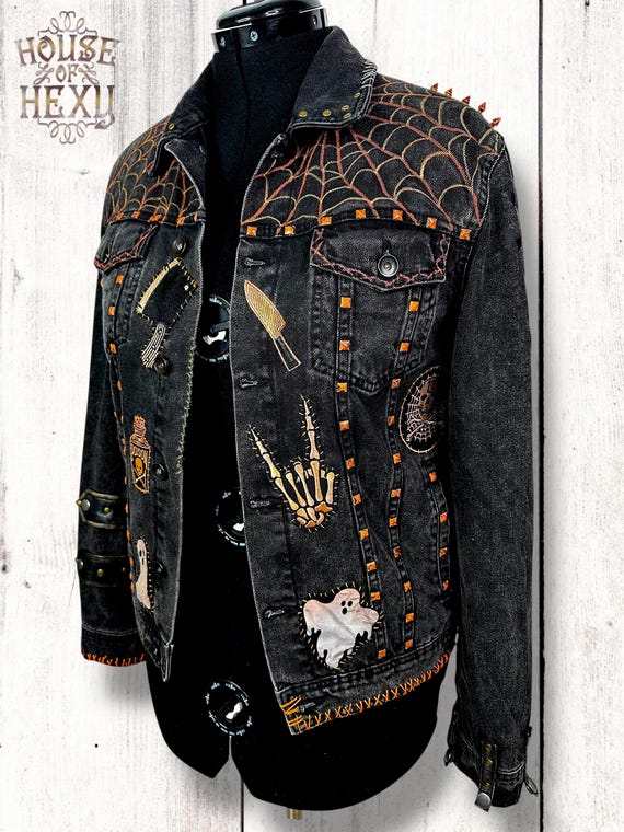 House of Hexy Hand Painted Horror Denim Jacket: Goth Rockabilly