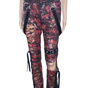 00s Oriental Goth Custom Hand painted Red metallic Jeans Hand crafted Chunky Corset Lacing Denim Jeans Pants Glam Rock Grunge image 6