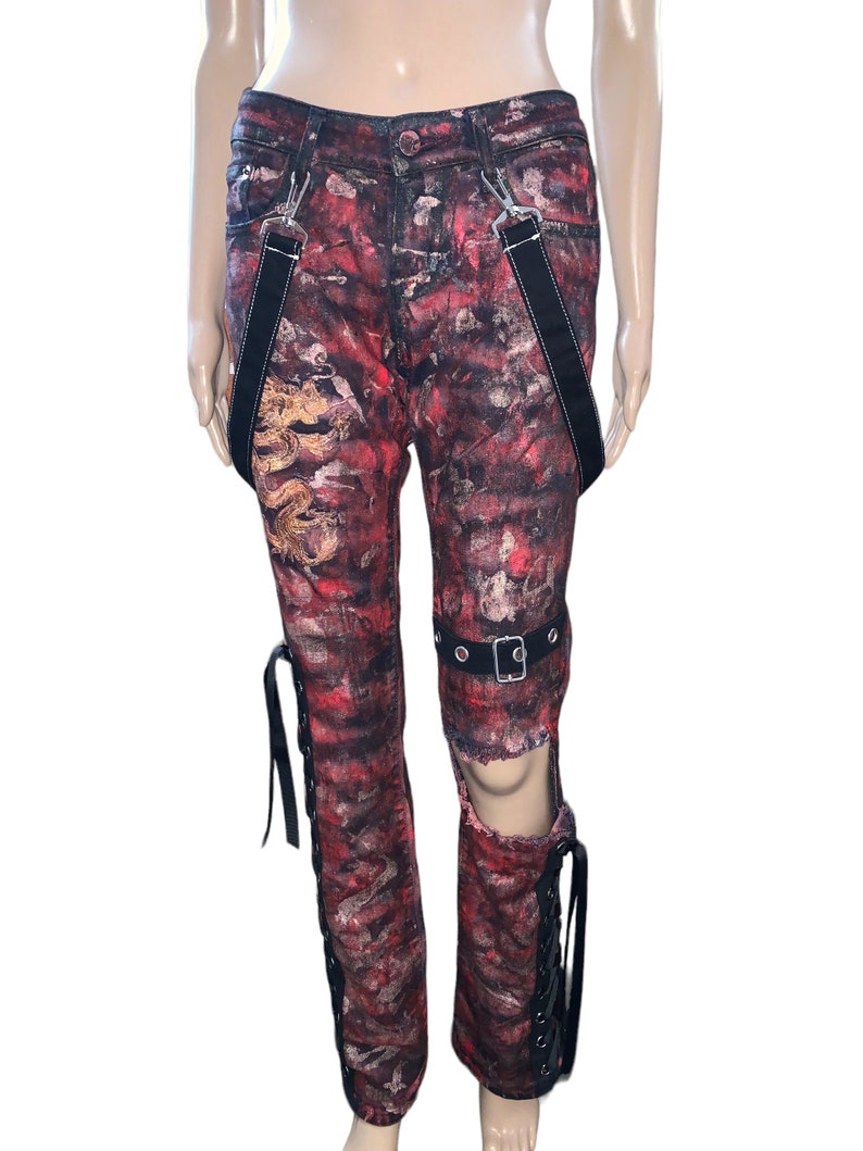 00s Oriental Goth Custom Hand painted Red metallic Jeans Hand crafted Chunky Corset Lacing Denim Jeans Pants Glam Rock Grunge image 6