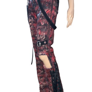 00s Oriental Goth Custom Hand painted Red metallic Jeans Hand crafted Chunky Corset Lacing Denim Jeans Pants Glam Rock Grunge image 3