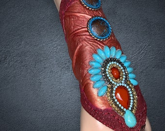 Goddess Isis Red Orange Turquoise Studded Genuine Leather Handcrafted with a Rhinestone Applique Tribal Fusion Cuff Bracelet