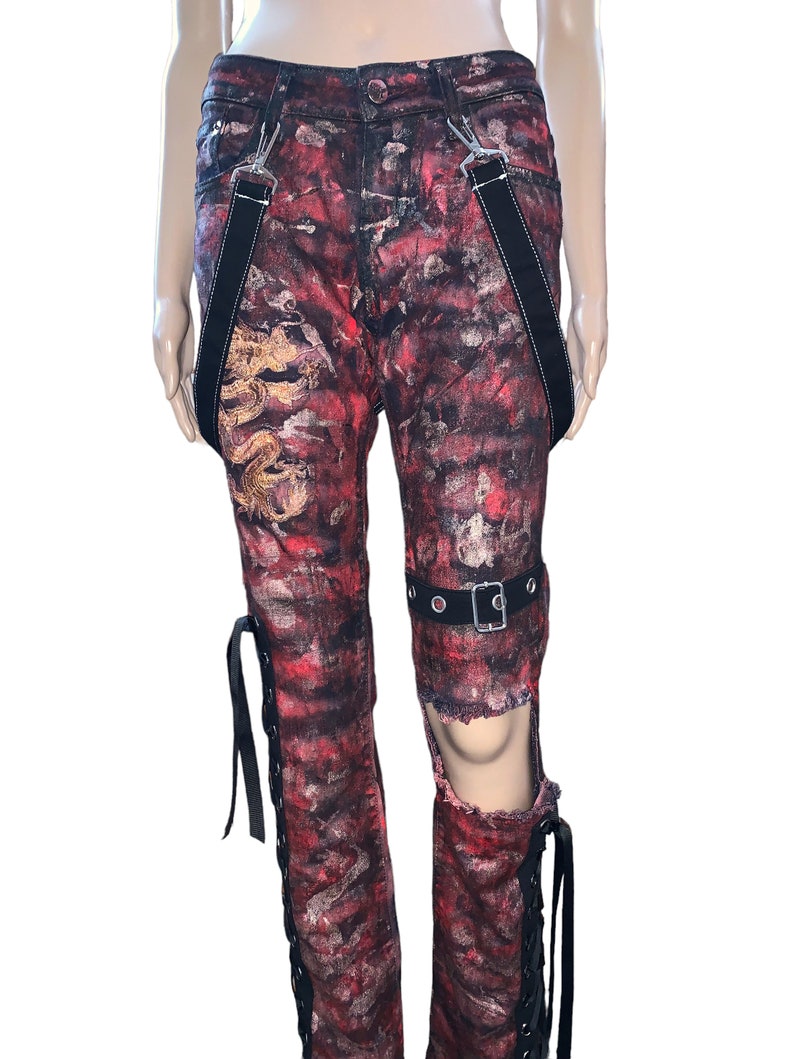 00s Oriental Goth Custom Hand painted Red metallic Jeans Hand crafted Chunky Corset Lacing Denim Jeans Pants Glam Rock Grunge image 8
