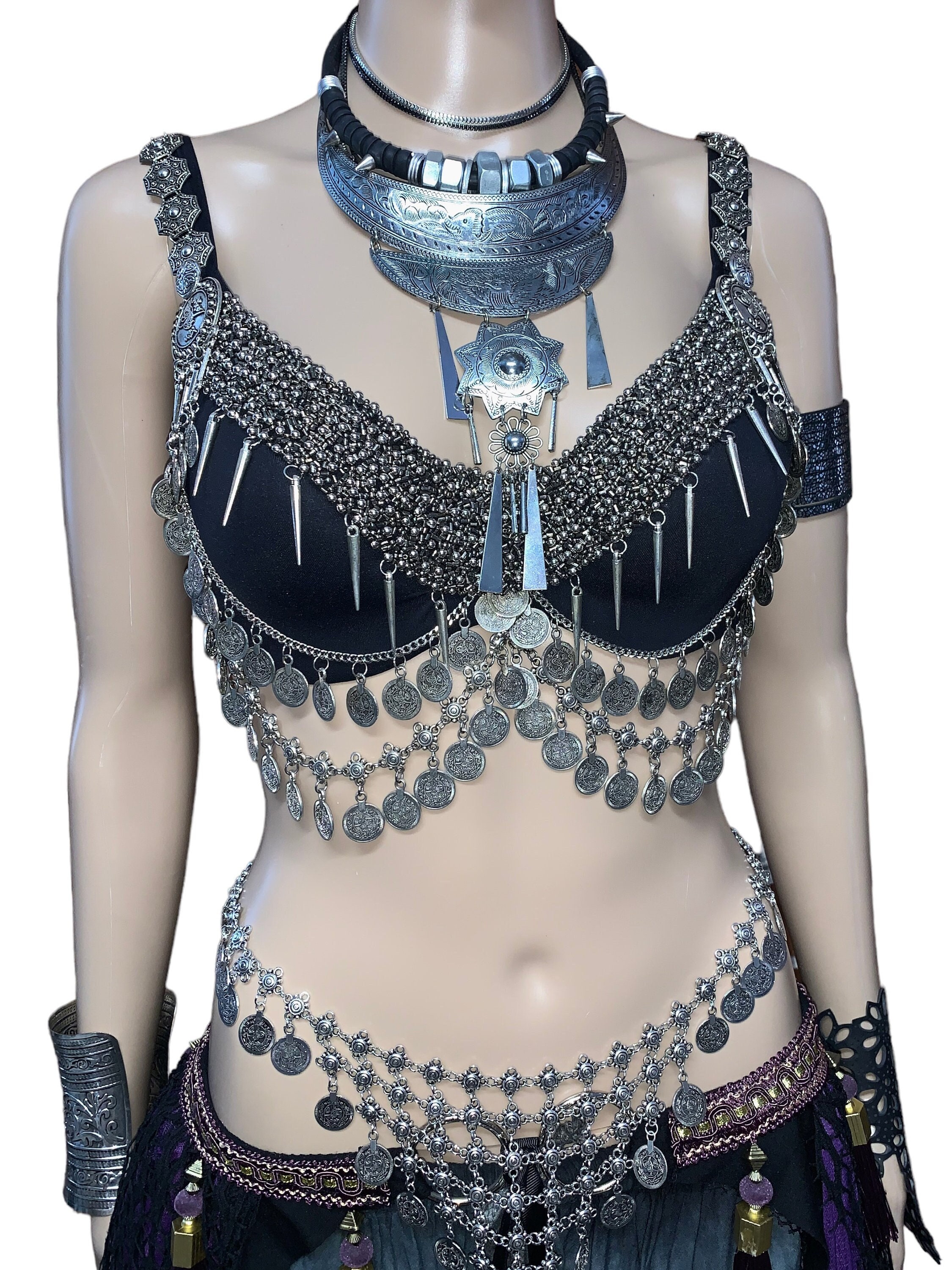 Tribal Fusion Belly Dance Bra With Silver Coins and Afghani Jewelry Accents  shaped Hard Cup -  New Zealand