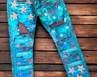 Galactic Stardust Custom Hand painted Metallic Jeans Rhinestones Encrusted Glittery Stars Patchwork Jeans Pants Mermaid Sea Dragon Grunge