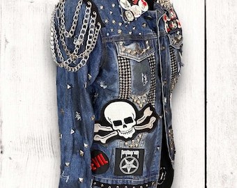 Distressed Punk Denim Jacket: Studded Patchwork Chain Harness, Unisex Large