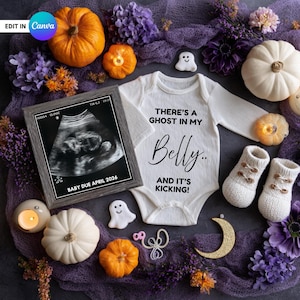 Witchy Ghost Pregnancy Announcement: Halloween Digital Template (Editable Canva Design)