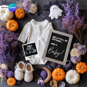 Witchy Ghost Pregnancy Announcement: Halloween Digital Canva Template