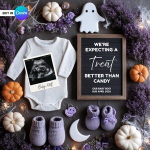 Halloween Pregnancy Announcement: Witchy Ghost Canva Template (Digital Download