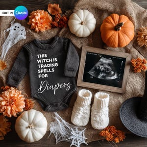 Halloween Pregnancy Announcement: Witchy Ghost Canva Template (Digital Download