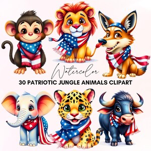 Safari patriotique & Clipart animaux de la jungle, 4 juillet animaux de la jungle, drapeau des Etats-Unis Clipart animaux de la jungle safari, bébés animaux patriotiques