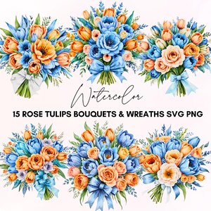 Watercolor Rose Wedding Bouquet and Wreath Clipart Bundle, Yellow Blue Rose Tulips Floral Rose Svg, Dusty Rose Bouquet, Wedding Floral Roses