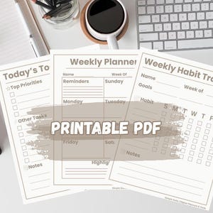 Planificador imprimible minimalista: lista de tareas diarias, planificador semanal y registro de hábitos (PDF, tamaño carta)