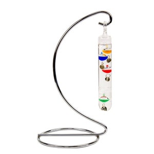 Galileo Thermometer on Metal Stand 24cm - Decorative Glass Temperature Gauge with Colourful Floating Bulbs