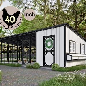 May include: A white and black chicken coop with a black metal roof and a black metal run. The coop has a white door with a green wreath and a black frame. The run is made of black metal wire. The coop is surrounded by green grass and white flowers. The text "Space for 40 Chickens" is on a brown circle with a black silhouette of a chicken. The text "Inch" is on a white circle.