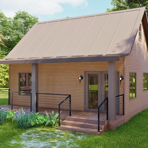 Cabin Loft House Plan, 2 Bedroom Cottage Floor Plans, Tiny House Plans: Modern Cabin DIY Plan, House Blueprint, Farmhouse Plan