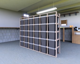 Organizador de bolsas de 30 litros y 27 galones, estante de almacenamiento, plano de almacenamiento DIY, PDF de GarageStorage, estante para contenedores de Costco, solución de almacenamiento personalizada