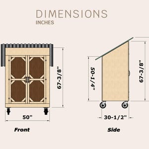 May include: Diagram of a wooden storage shed with dimensions labeled in inches. The shed has a sloped roof and is on wheels. The front view shows double doors with a wood panel design. The side view shows the shed's depth and height.