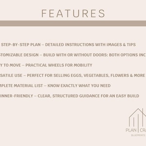 May include: A list of features for a DIY plan to build a mobile market stall. The features include a PDF step-by-step plan, customizable design, easy to move, versatile use, complete material list, and beginner-friendly instructions. The image also includes the text "PLAN CRAFT BLUEPRINTS".