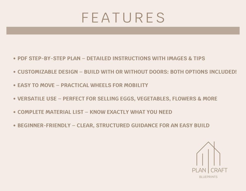 May include: A list of features for a DIY plan to build a mobile market stall. The features include a PDF step-by-step plan, customizable design, easy to move, versatile use, complete material list, and beginner-friendly instructions. The image also includes the text "PLAN CRAFT BLUEPRINTS".