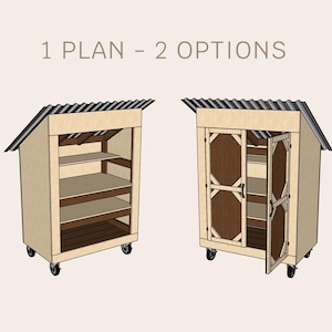 May include: Two views of a wooden storage shed with a corrugated metal roof. The shed is on wheels and has shelves inside. One view shows the shed with the doors open, revealing the shelves. The other view shows the shed with the doors closed.