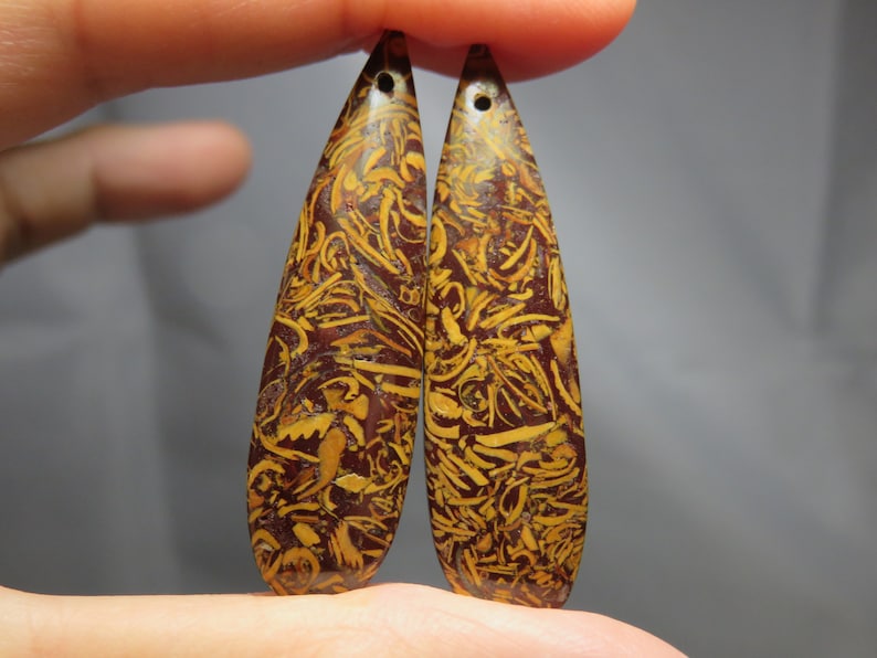 Natural Smooth Brown Leaf Jasper Long Drops 13x47mm One Pair