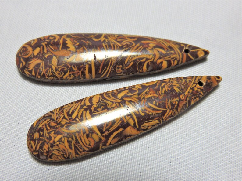 Natural Smooth Brown Leaf Jasper Long Drops 13x47mm One Pair