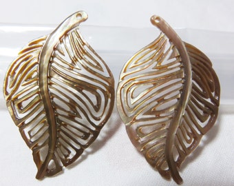 Natural Iridescent Oyster Shell Carved Feather 31x50mm - One Pair