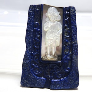 Flower Carved Blue Lapis Trapezium and Mother of Pearl with Carved Girl 2-1/8&quot; high x 1-1/4&quot; to 1-1/2&quot; wide x 1/4&quot; thick
